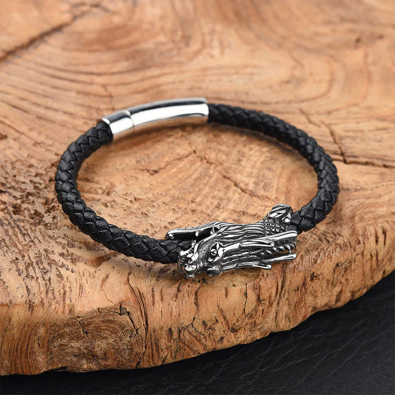 Buddha Stones Dragon Leather Titanium Steel Strength Buckle Bracelet