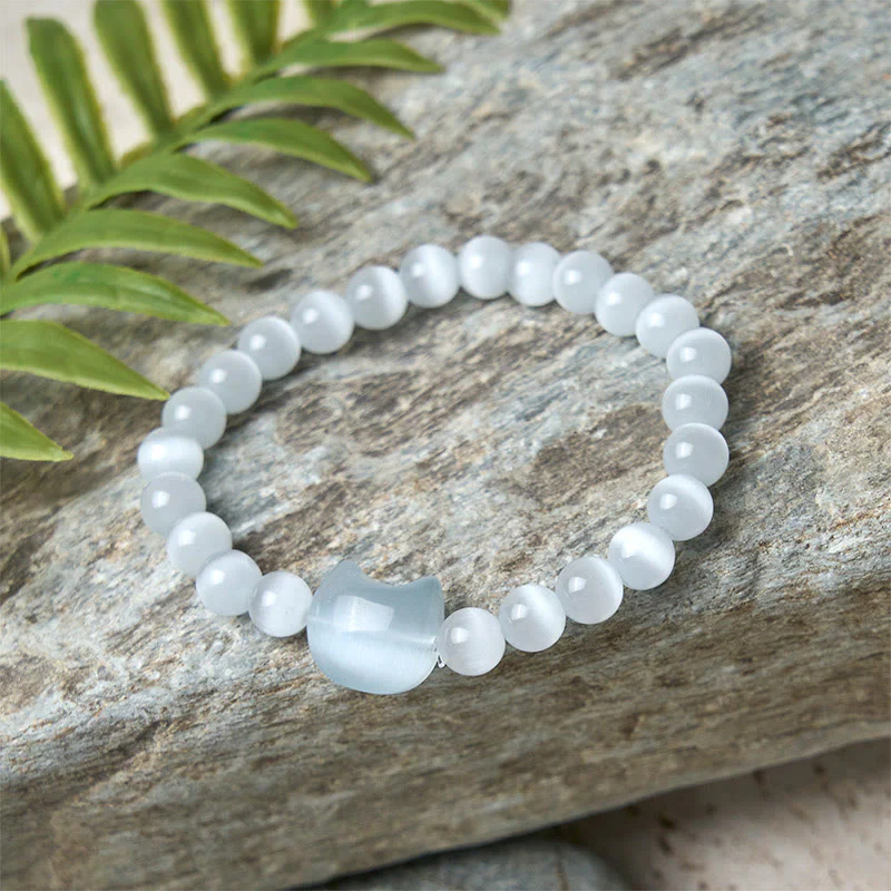 Buddha Stones Lovely Cat Head Pink Cat's Eye White Cat's Eye Spiritual Beads Bracelet