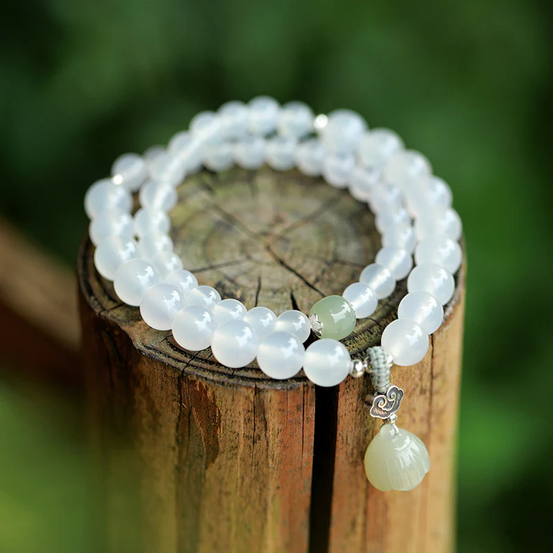 Buddha Stones White Agate Jade Lotus Protection Bracelet