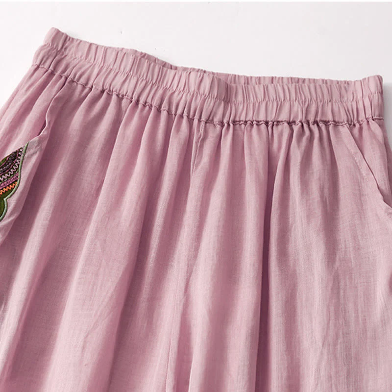 Buddha Stones Casual Flower Embroidery Women's Cotton Linen Elastic Waist  Wide Leg Pants With Pockets