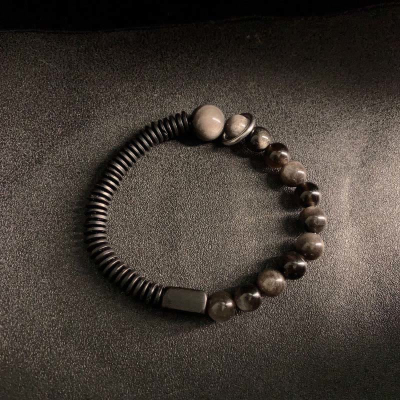 Buddha Stones Silver Sheen Obsidian Coconut Shell Protection Bracelet
