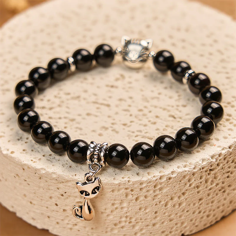Buddha Stones Black Cat Natural Black Onyx Kitten Support Bracelet
