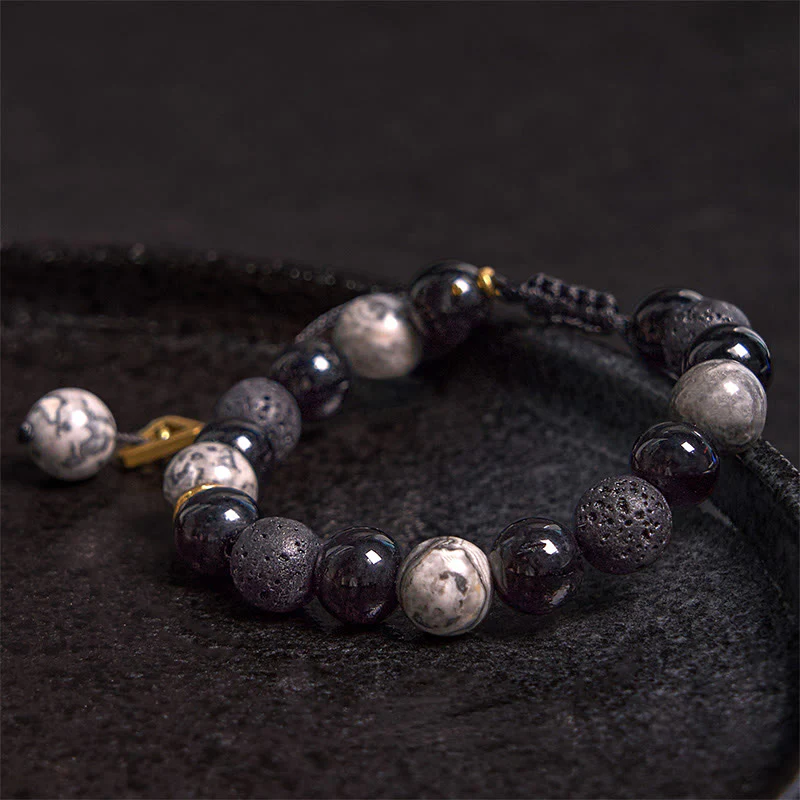 Buddha Stones Black Obsidian Lava Rock Stone Yin Yang Strength Bracelet
