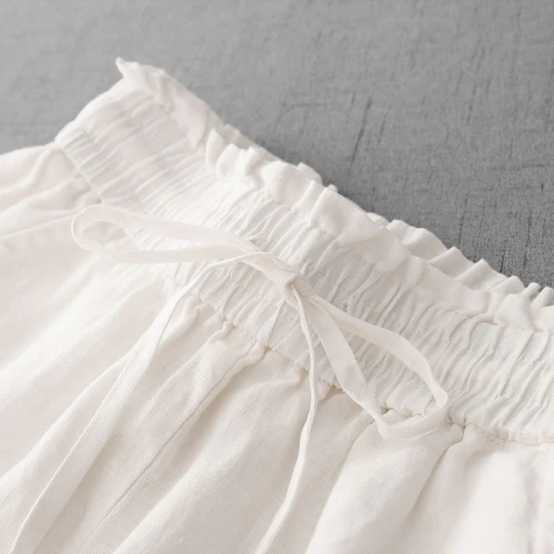 Buddha Stones Casual High Waist Ruffled Drawstring Design Women's Wide Leg Cotton Pants With Pockets