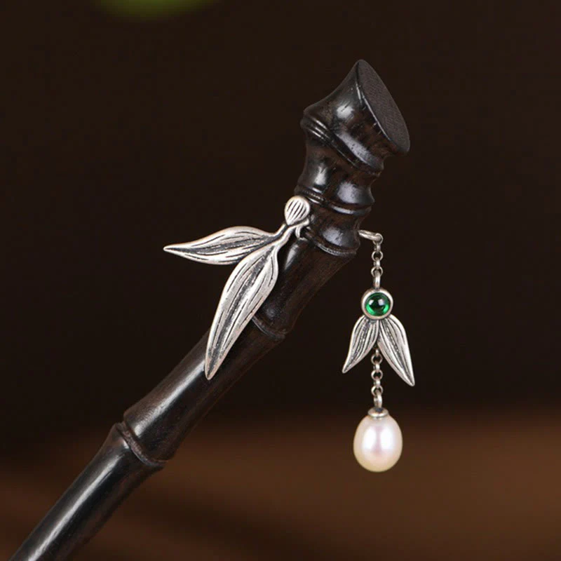Buddha Stones 925 Sterling Silver Red Sandalwood Ebony Bamboo Power Hairpin
