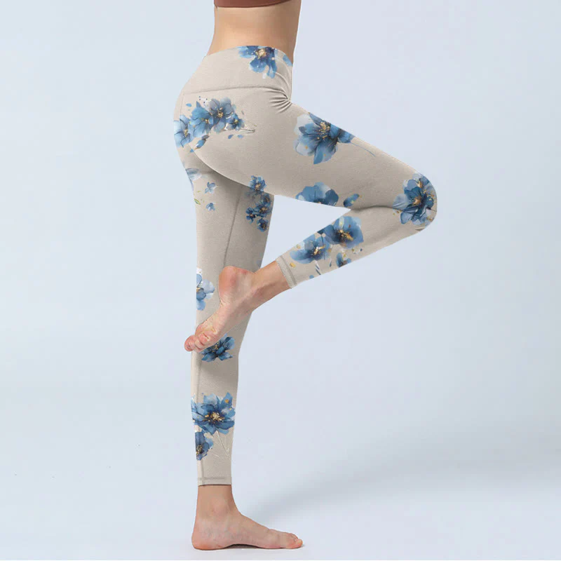 Buddha Stones Dark Blue Flower Gym Leggings Women's Yoga Pants