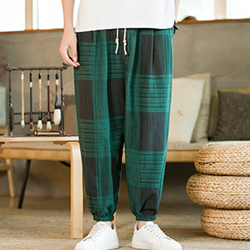 Buddha Stones Summer Checkered Stripes Cotton Linen Men's Harem Pants With Pockets