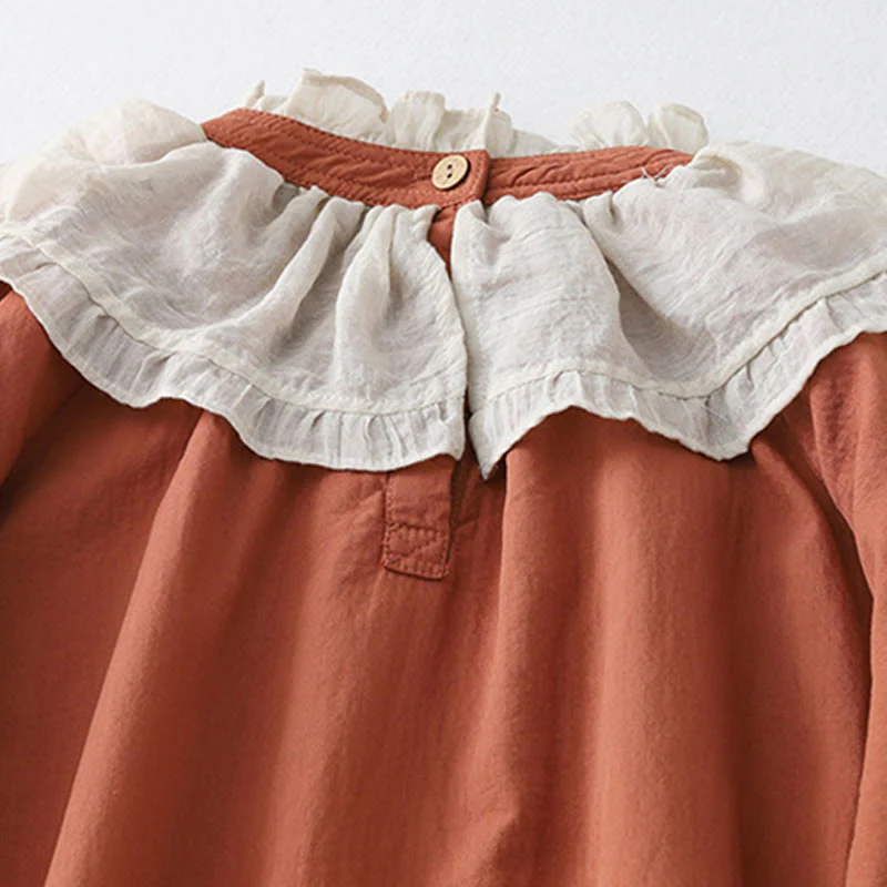 Buddha Stones Casual Ruffled Lace Patchwork Design Puff Sleeve Cotton Midi Dress With Pockets