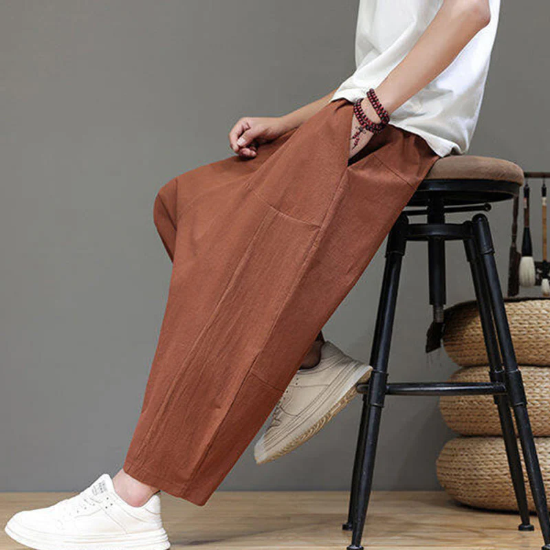 Buddha Stones Casual Plain Low Crotch Design Drawstring Men's Cotton Elastic Waistband Wide Leg Pants With Pockets