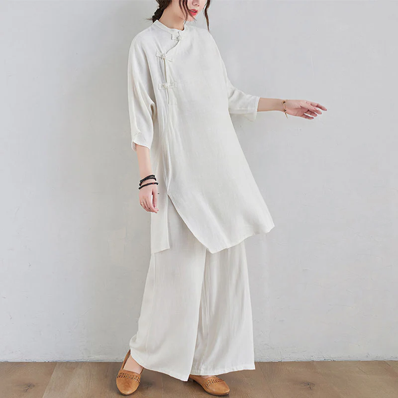 Buddha Stones 2Pcs Plain Design Zen Tai Chi Meditation Clothing Cotton Linen Top Pants Women's Set