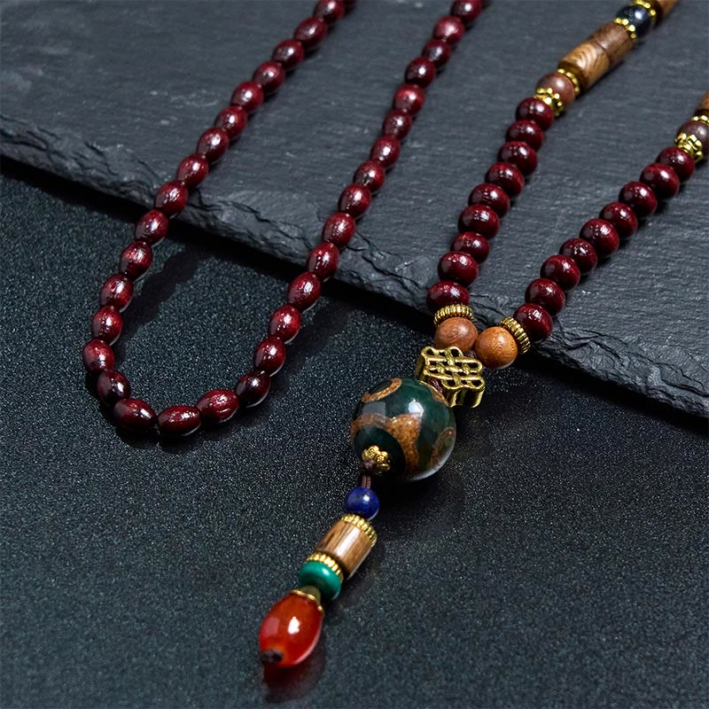 Buddha Stones Tibetan Handmade Wenge Wood Protection Dzi Bead Elephant Head Necklace Pendant