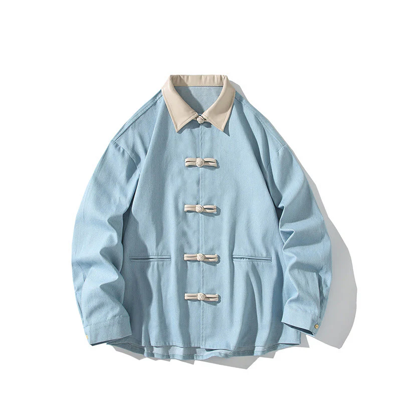 Buddha Stones Men's Frog-Button Cotton Long Sleeve Shirt With Pockets