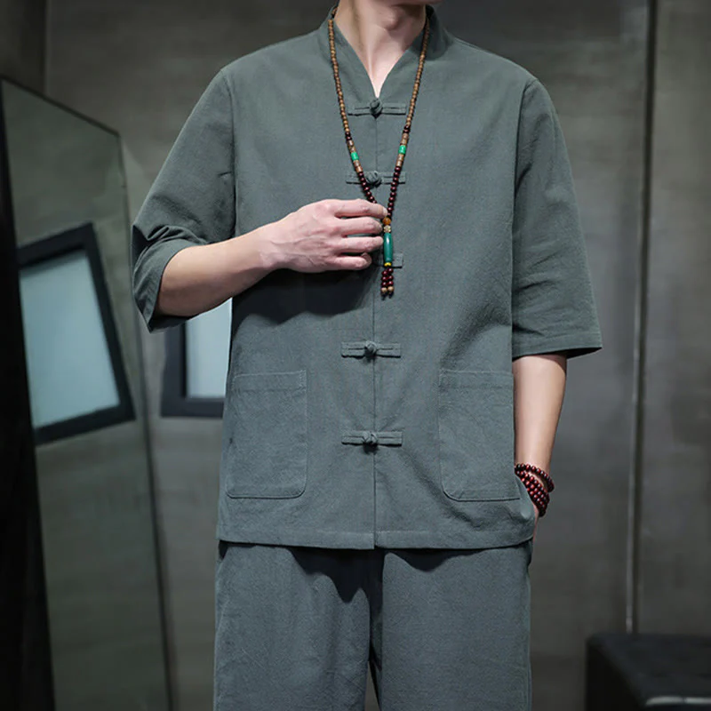 Buddha Stones 2Pcs Tang Suit Frog-Button Design Shirt Pants With Pockets Men's Cotton Linen Meditation Cloth Set