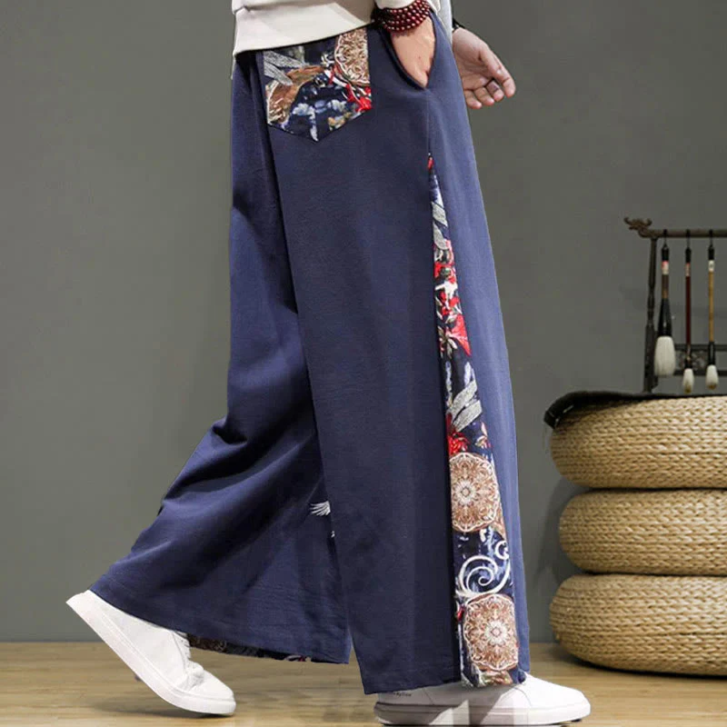 Buddha Stones Crane Embroidery Drawstring Men's Cotton Linen Wide Leg Pants With Pockets