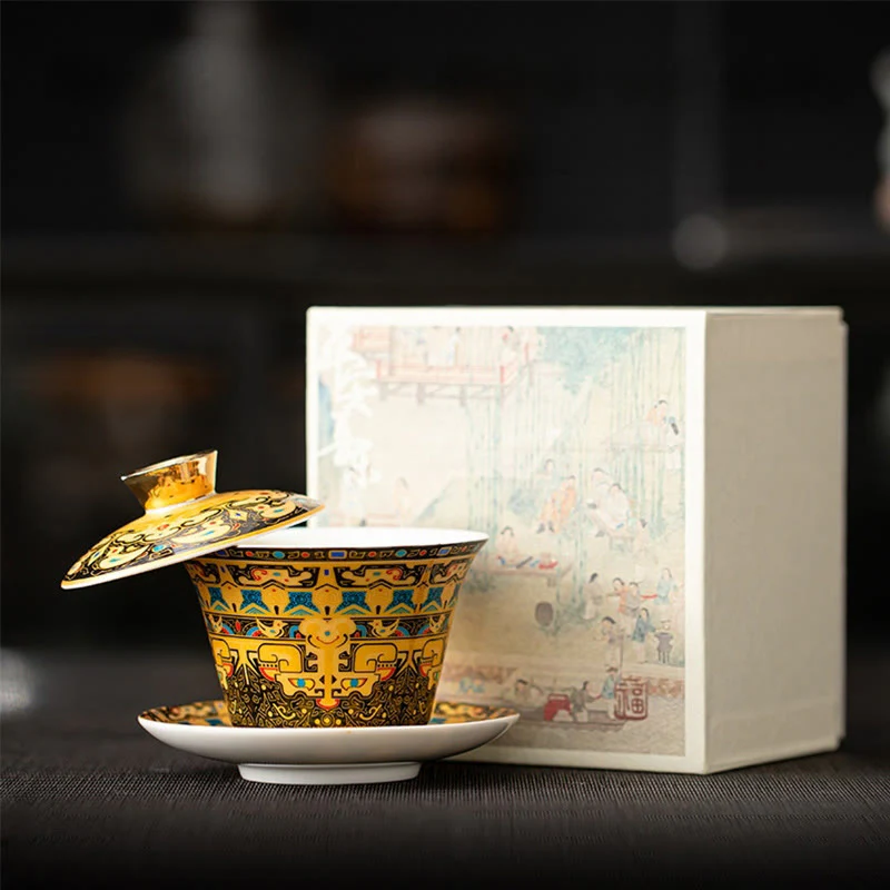 Buddha Stones Thangka Dragon Buddhas Dunhuang Ceramic Gaiwan Sancai Kung Fu Tea Cup And Saucer With Lid Gift Box 180ml