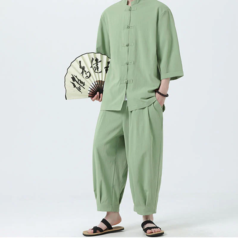 Buddha Stones 2Pcs Solid Frog-Button Three Quarter Sleeve Shirt Pants Men's Set