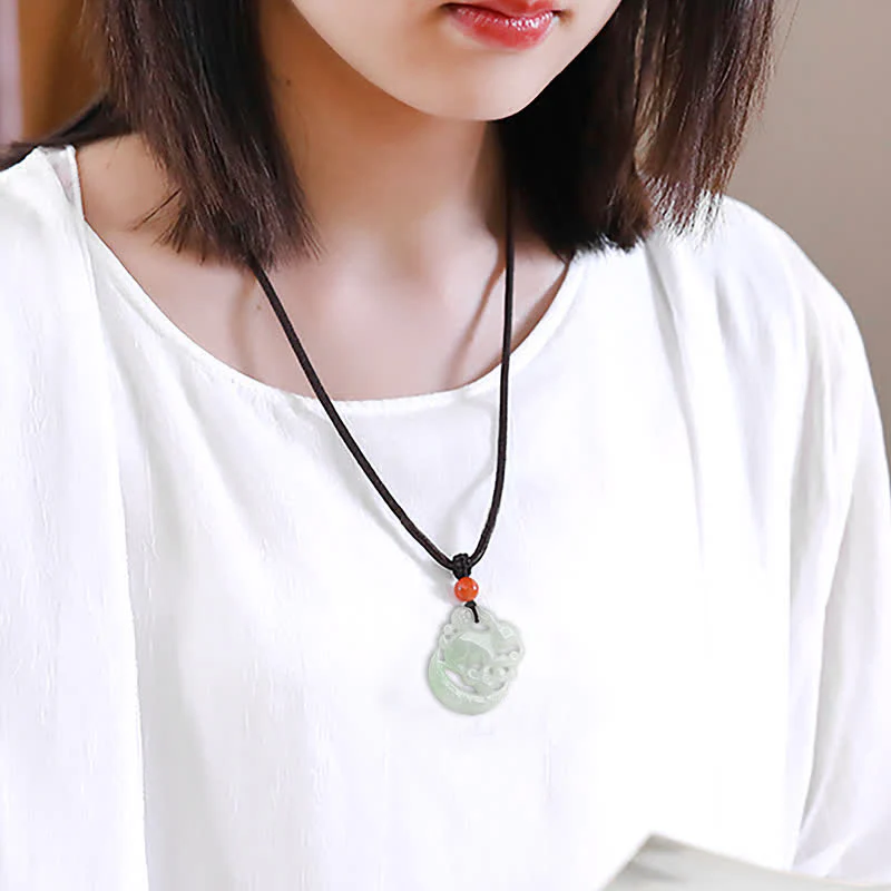 Buddha Stones Year of the Rabbit White Jade Crescent Moon Protection Necklace Pendant