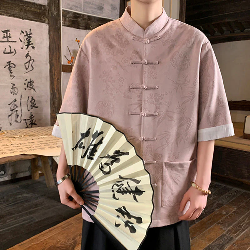 Buddha Stones Jacquard Bamboo Plum Bossom Pattern Chinese Frog-Button Design Men's Half Sleeve Cotton Shirt With Pockets