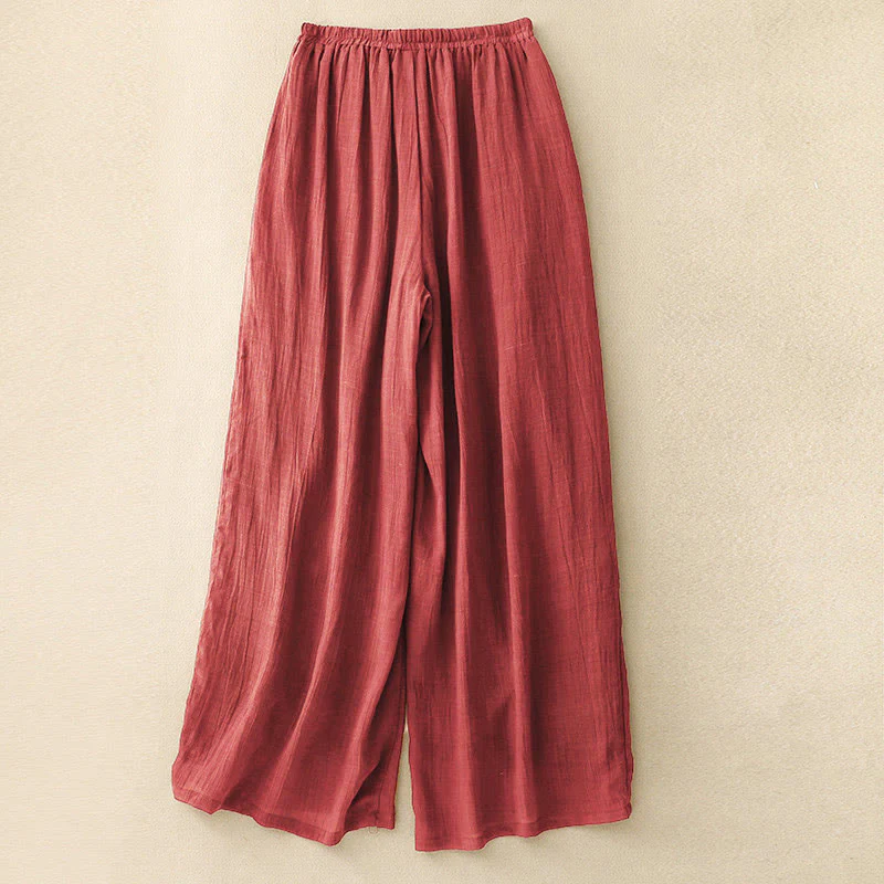 Buddha Stones Spring Pure Color Drawstring Double Layer Cotton Linen Women's Wide Leg Pants With Pockets