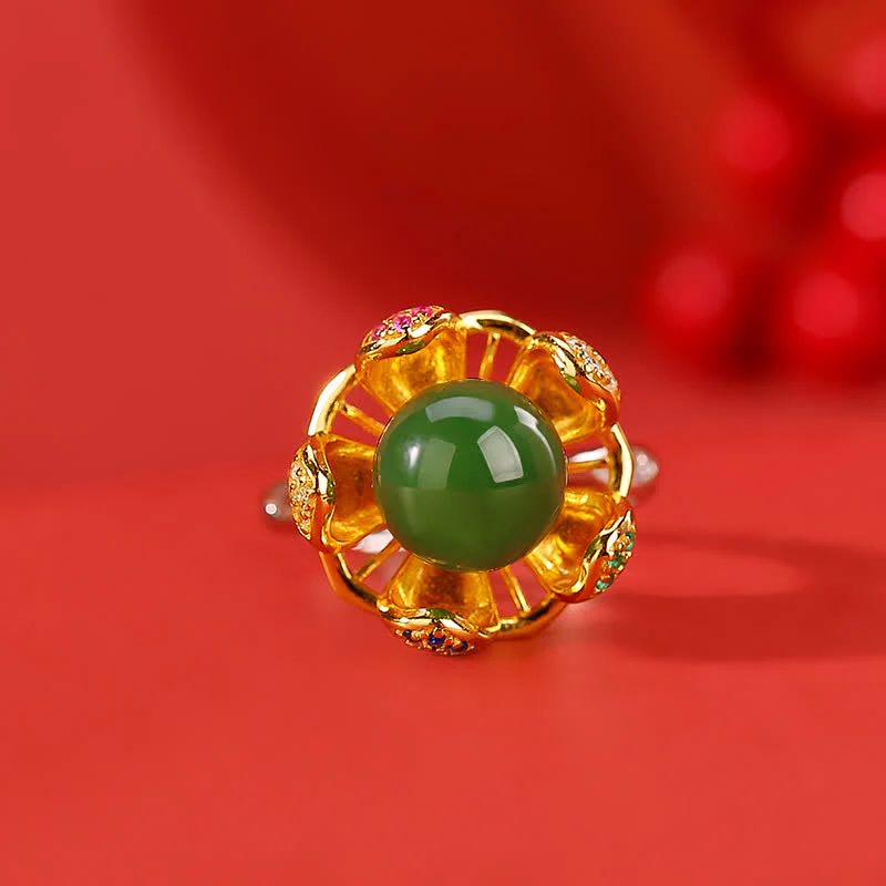 Buddha Stones 925 Sterling Silver White Jade Cyan Jade Lotus Flower Success Ring