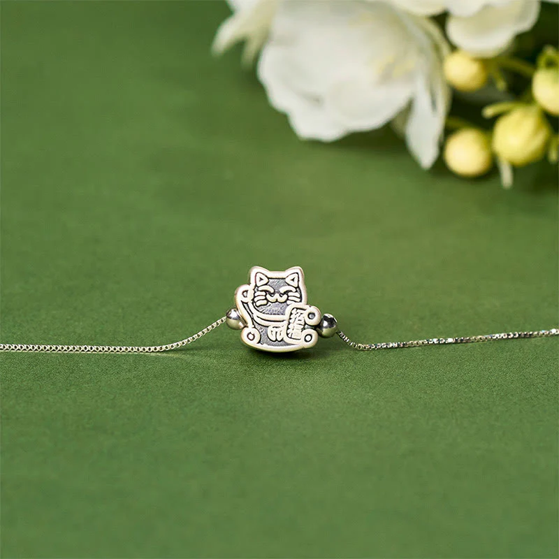 Buddha Stones 999 Sterling Silver Fortune Cat 925 Sterling Silver Chain Protection Bracelet