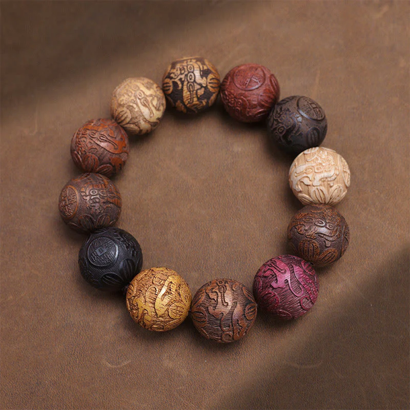 Buddha Stones Carving Sandalwood Chinese Zodiac Auspicious Dragon Phoenix Fu Character Healing Bracelet