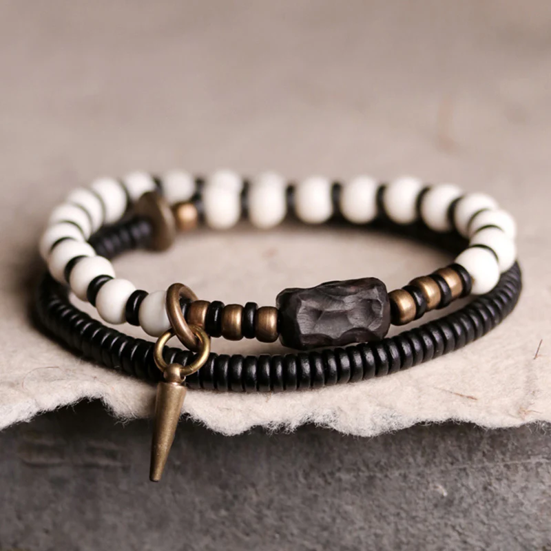 Buddha Stones Bone Beads Ebony Wood Copper Strength Couple Bracelet