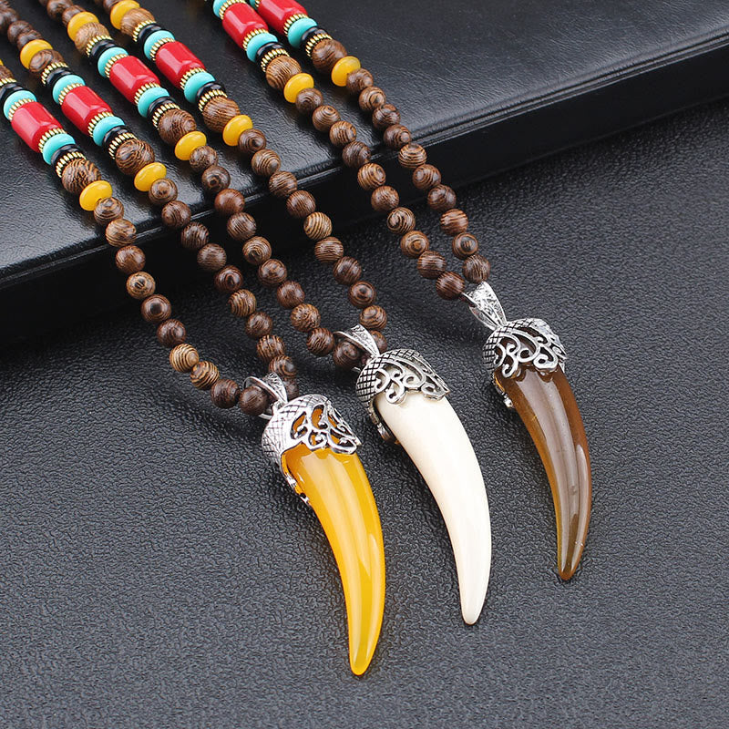 Buddha Stones Wenge Wood Turquoise Stone Horn Style Protection Meditation Necklace Pendant