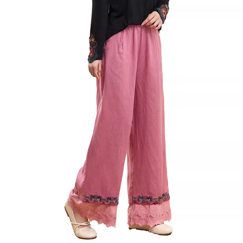 Buddha Stones Casual Embroidered Lace Cotton Linen Women's Wide Leg Pants With Pockets