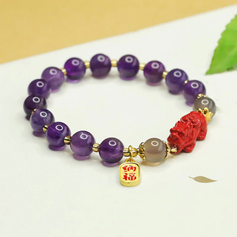 Buddha Stones Natural Amethyst Cinnabar Pi Xiu Fu Character Balance Bracelet