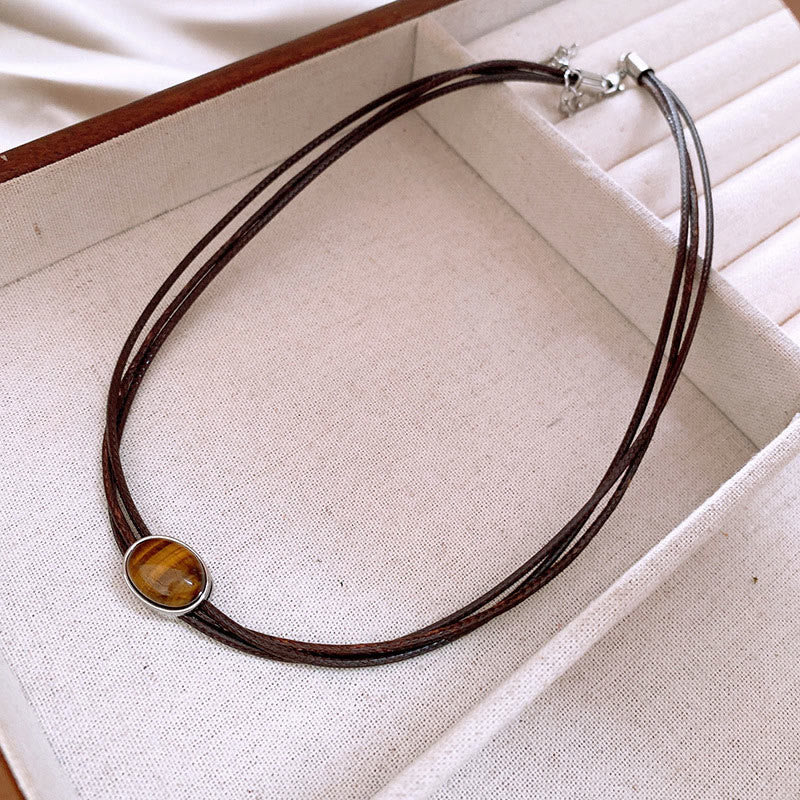 Buddha Stones Natural Tiger Eye Ellipse Protection Wax Rope Necklace Pendant