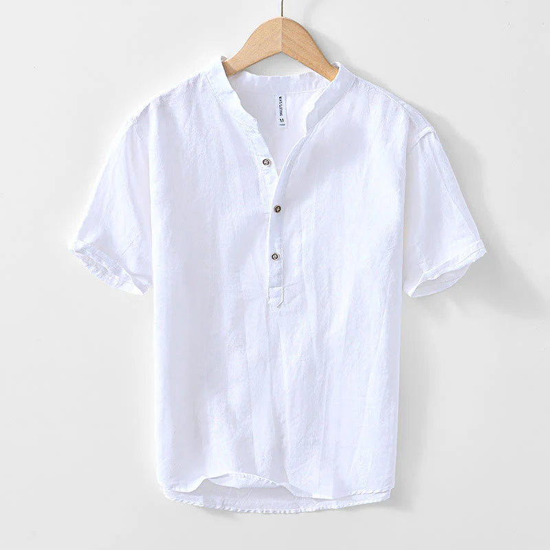 Buddha Stones Half Button Short Sleeve V-neck Ramie Cotton Men's Shirt