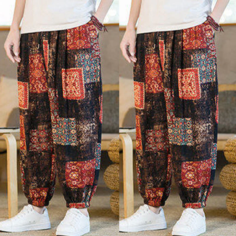 Buddha Stones Summer Square Patchwork Cotton Linen Men's Ankle-Length Harem Pants With Pockets