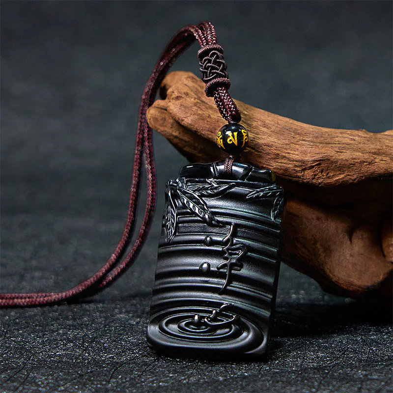 Buddha Stones Natural Black Obsidian Bamboo Fulfillment Necklace Pendant