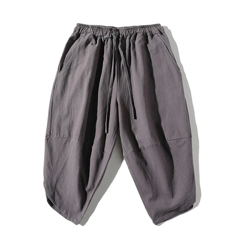 Buddha Stones 2Pcs Plain Notched Collar T-Shirt 7-8 Length Wide Leg Shorts With Pockets Cotton Linen Men's Meditation Cloth Set