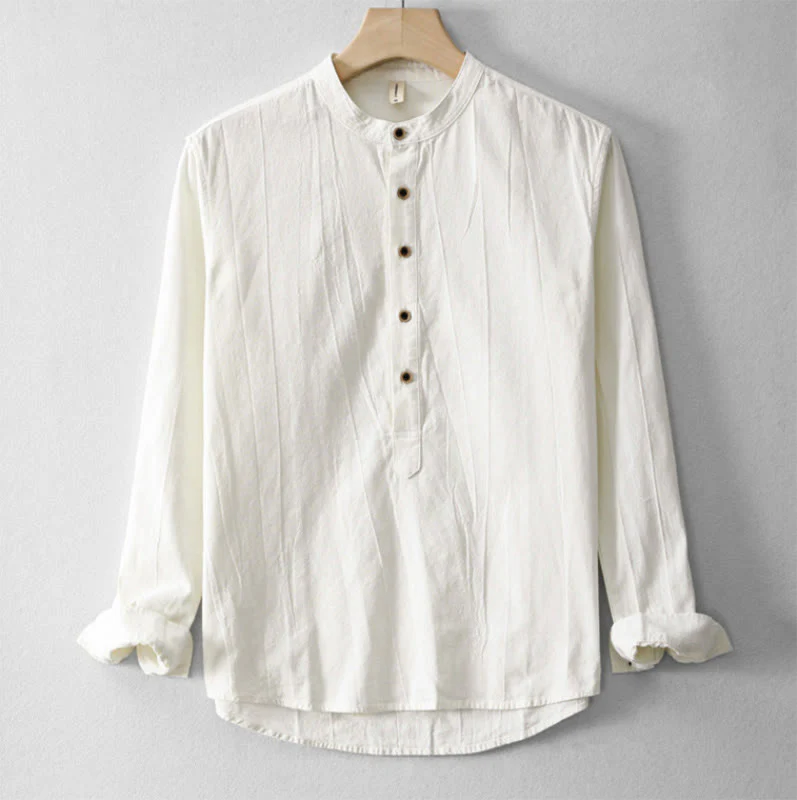 Buddha Stones Plain Pleats Half Buttons Design Stand Collar Men's Long Sleeve Cotton Linen Shirt