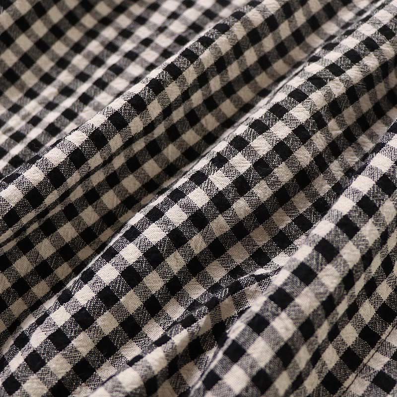 Buddha Stones Casual Plaid Simple Buttons Ruffled Design Cotton Linen Midi Dress With Pockets