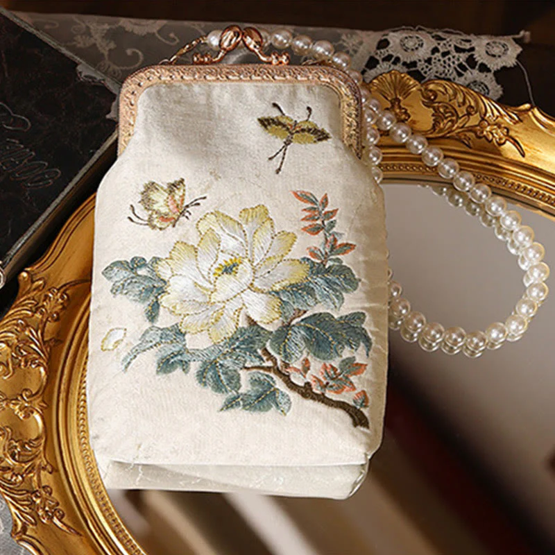 Buddha Stones Small Flowers Butterfly Embroidered Pearl Metal Chain Shoulder Bag Crossbody Handbag Cellphone Bag