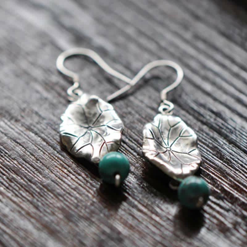 Buddha Stones 925 Sterling Silver Turquoise Lotus Leaf Protection Drop Dangle Earrings
