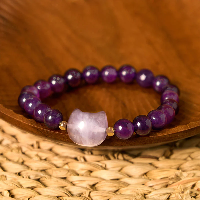 Buddha Stones Amethyst Green Aventurine Rose Quartz Fluorite Cat Head Balance Luck Bracelet