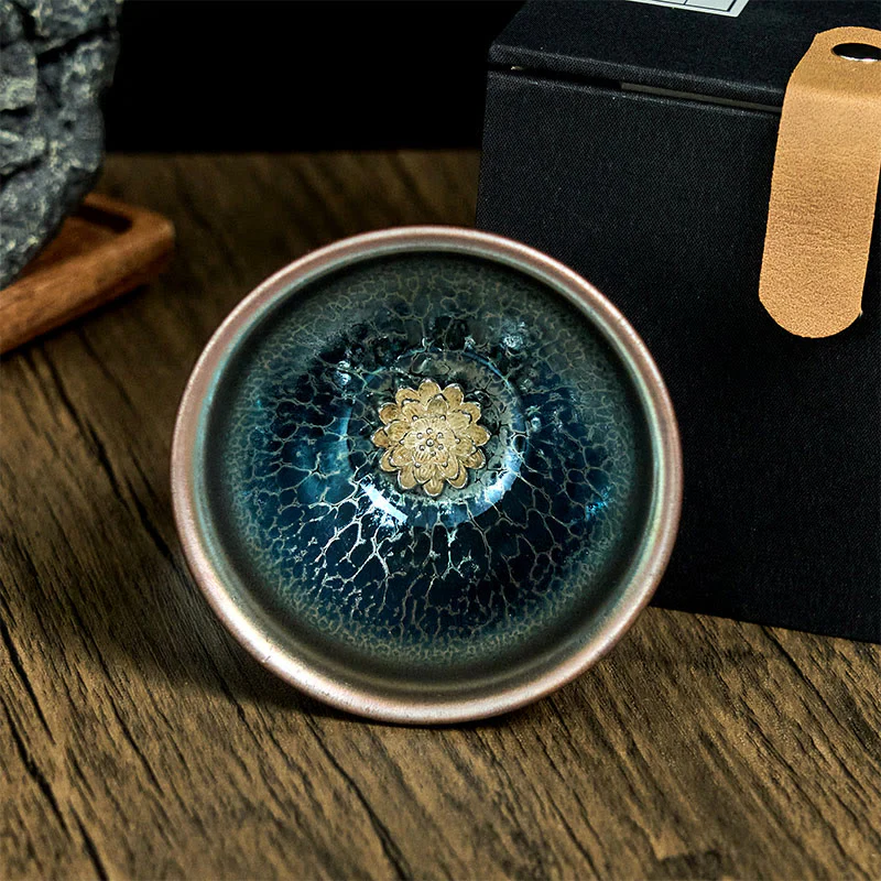 Buddha Stones Handmade Chinese Jianzhan Lotus Blue Ceramic Teacup Kung Fu Tea Cup 150ml