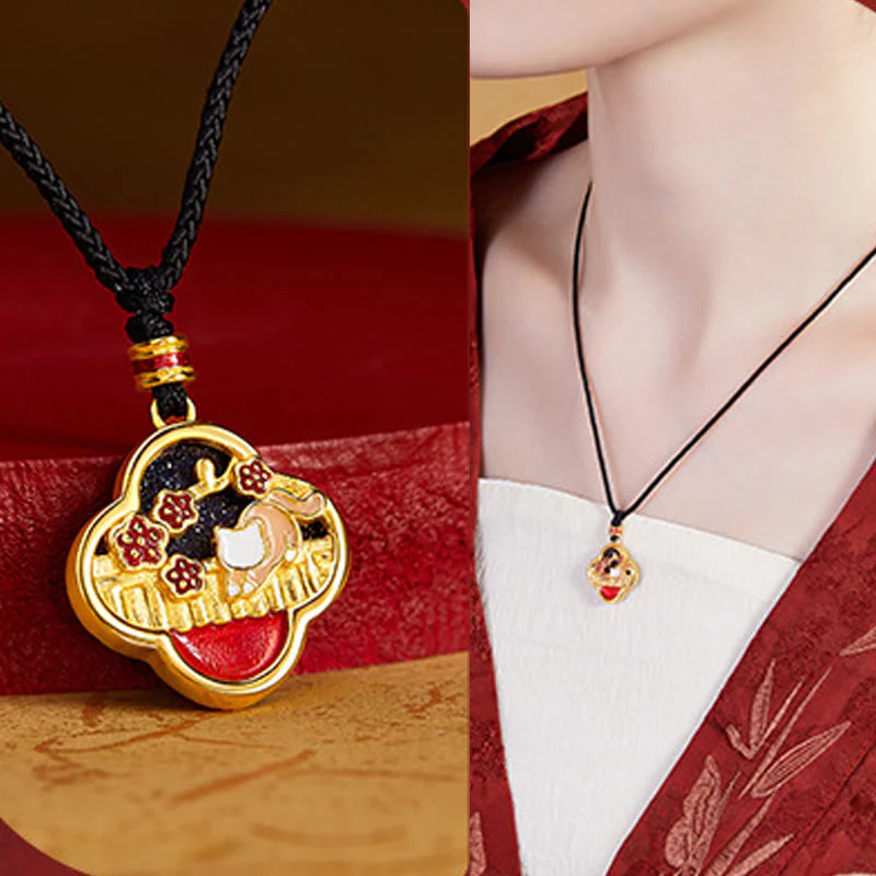 Buddha Stones 925 Sterling Silver Plum Blossom Cat Four Leaf Clover Blessing Necklace Pendant