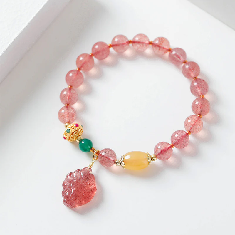 Buddha Stones Natural Strawberry Quartz Nine Tailed Fox Healing Bracelet