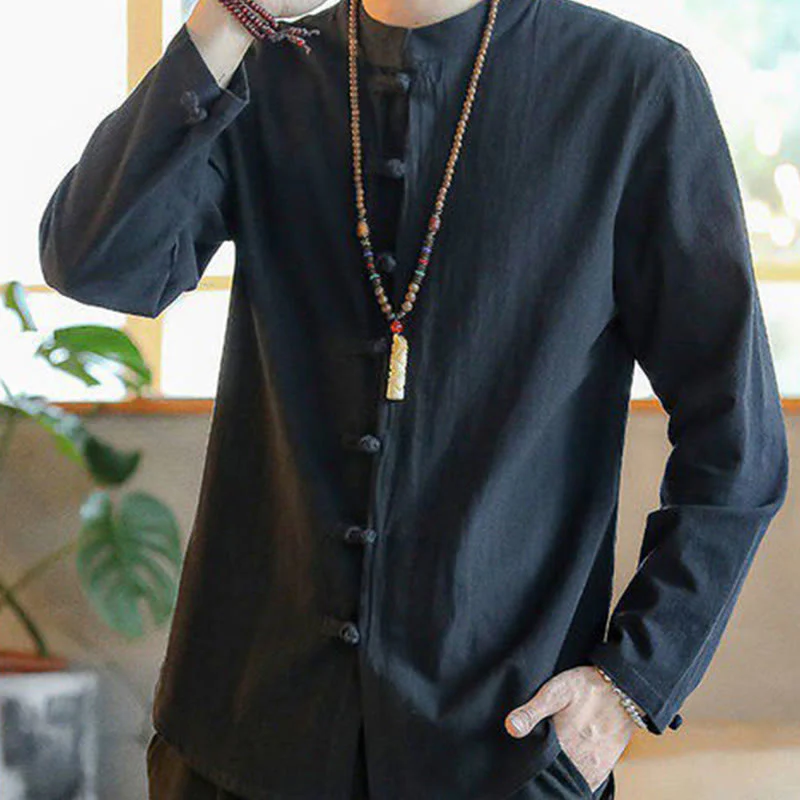 Buddha Stones Casual Stand Collar Frog-Button Long Sleeve Tang Suit Linen Men's Shirt