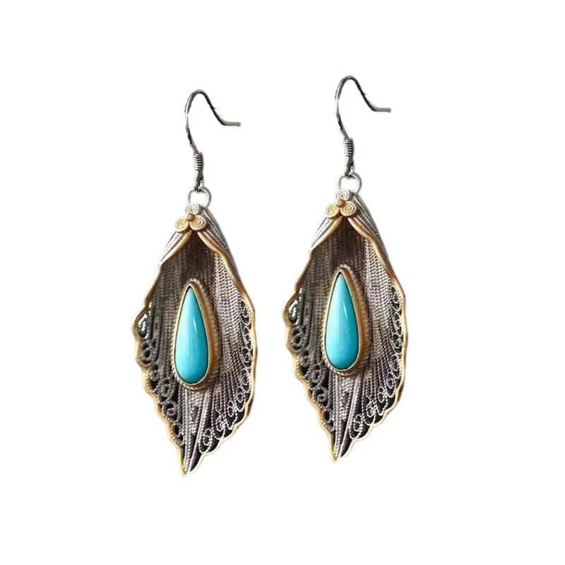 Buddha Stones 925 Sterling Silver Turquoise Bodhi Leaf Pattern Protection Drop Dangle Earrings