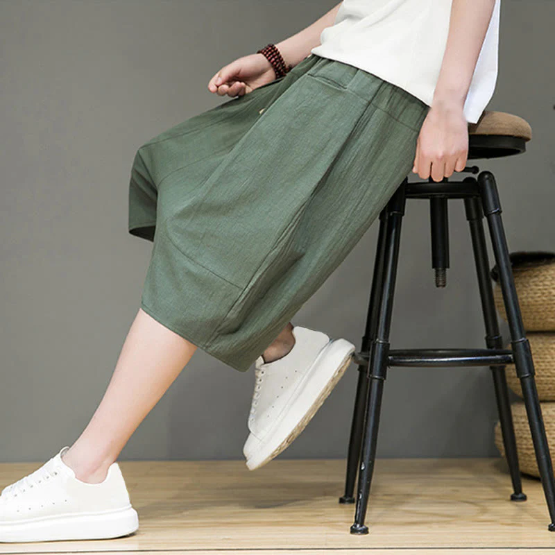 Buddha Stones Casual Drawstring Cotton Linen Men's Capri Harem Pants With Pockets