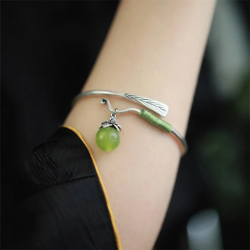Buddha Stones Copper Alloy Green Bead Charm Luck Cuff Bracelet Bangle
