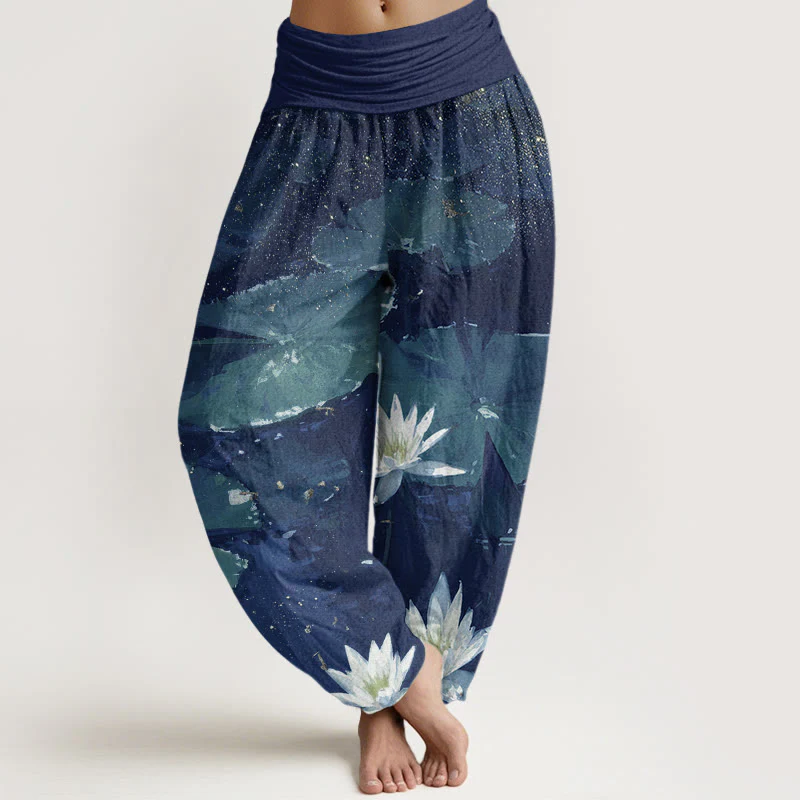 Buddha Stones Casual Lotus Leaves On The Lake Pattern Women's Elastic Waist Harem Pants