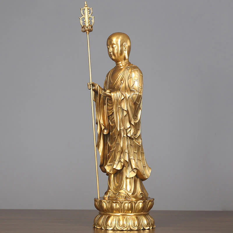 Buddha Stones Ksitigarbha Bodhisattva Figurine Compassion Copper Statue Home Offering Decoration