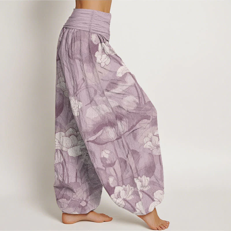 Buddha Stones Pure Cotton Lotus Design Women's Elastic Waist Harem Pants